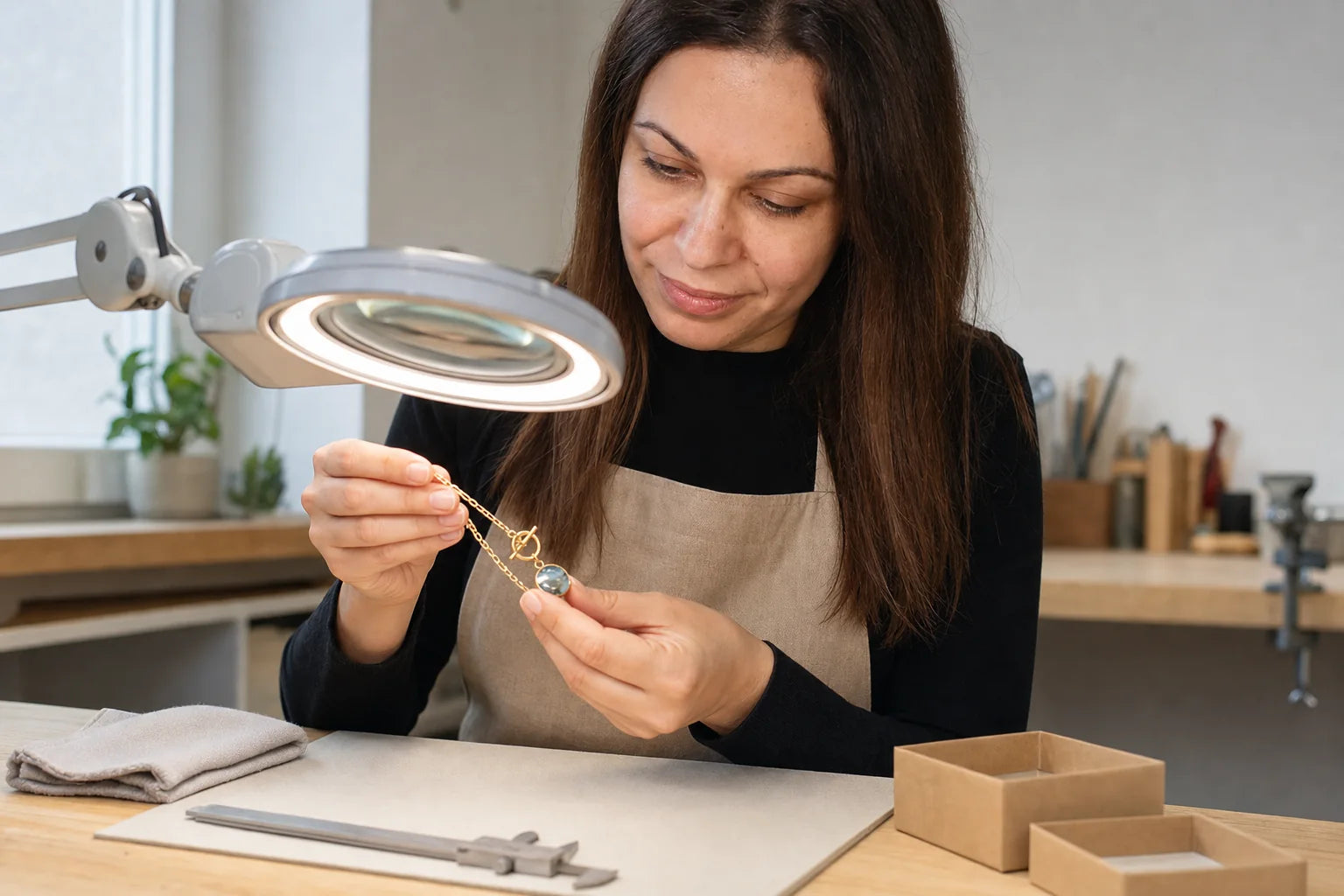SOLEA Schmuckdesignerin prüft eine Timeless-Beauty-Halskette